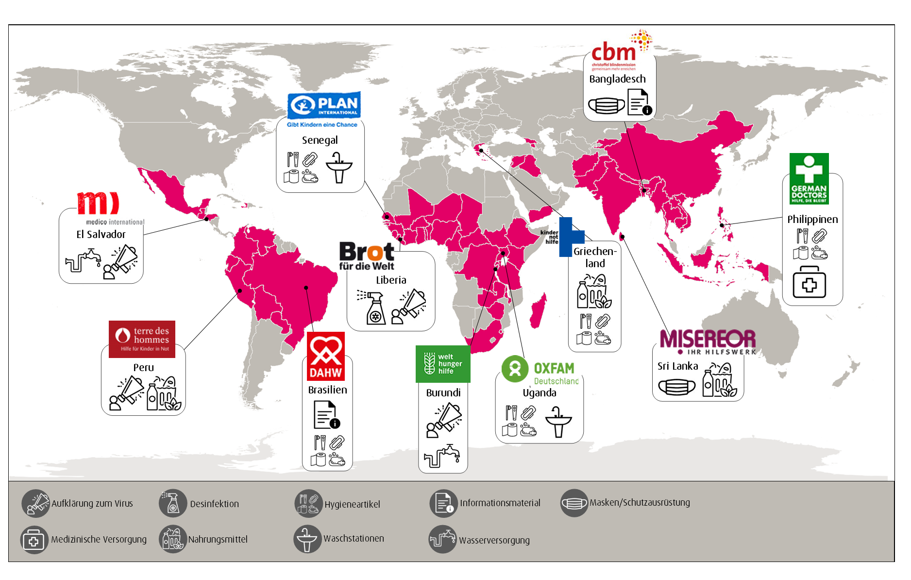 Weltkarte mit Hilfsmaßnahmen Bündnis-Mitglieder