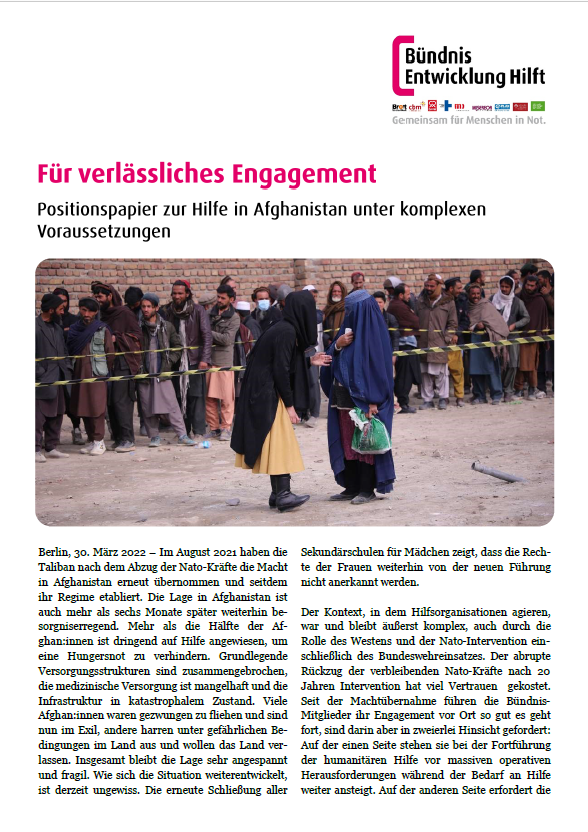 Titelblatt Afghanistan Positionspapier von Bündnis Entwicklung Hilft